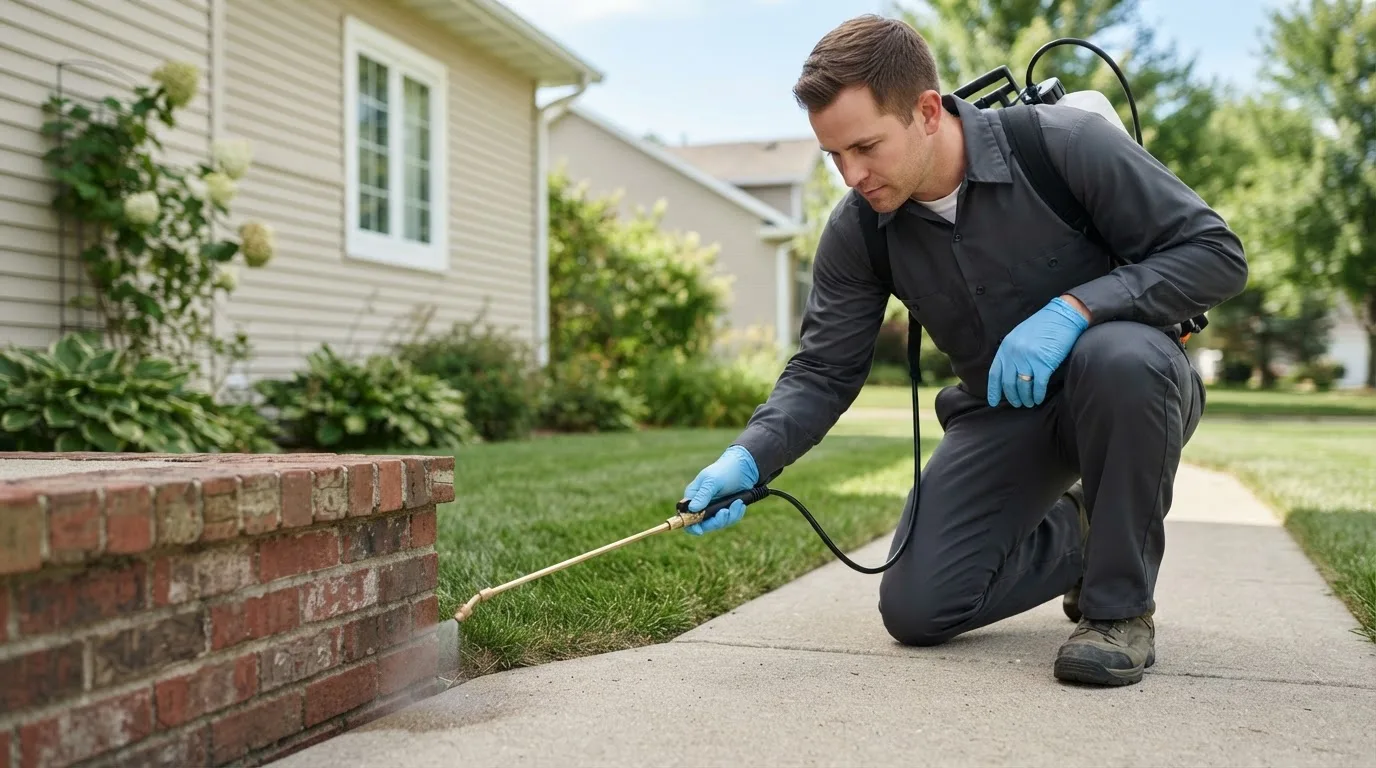 Pest control technician treating a home near South Jamesport, NY