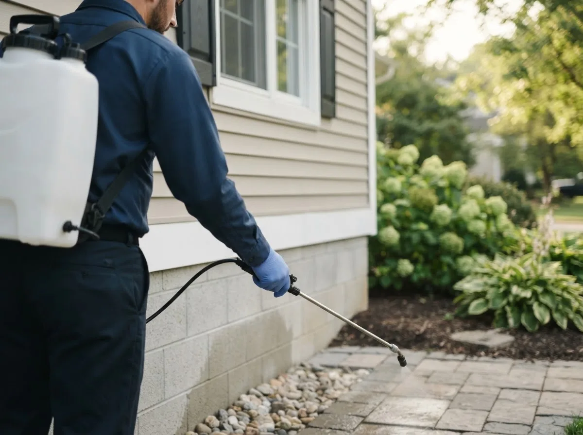 Pest control technician inspecting a home in South Jamesport, NY